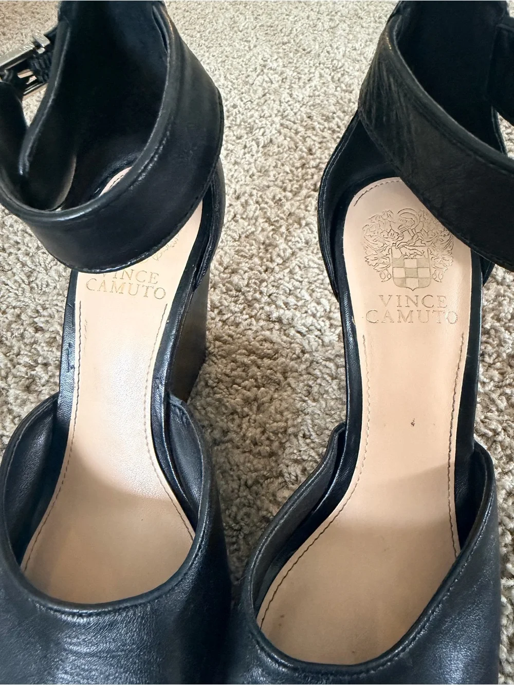 Vince Camuto Black Leather Peep-Toe Ankle-Strap Heels